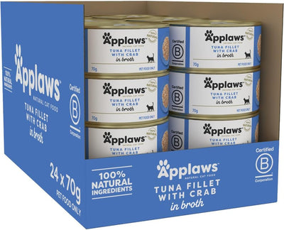 Applaws 100% Natural Wet Cat Food Tuna Fillet with Crab in Broth Tin 70g (Pack of 24), Limited Ingredients Pet Food