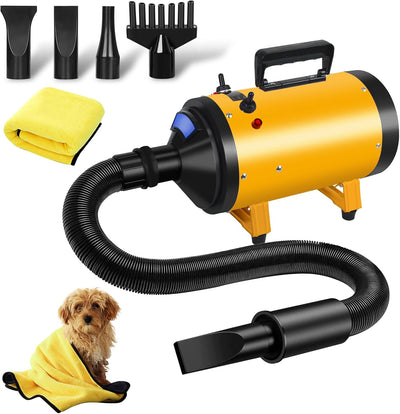 Pet Grooming Dryer, Adjustable Speed & Temperature Control Yellow Dog Blow Dryer, High Velocity Dog Hair Dryer with 4 Nozzles（Yellow