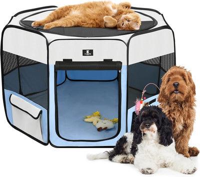 X-ZONE PET Portable Foldable Pet Dog Cat Playpen Crates Kennel/Premium 600D Oxford Cloth,Removable Zipper Top, Indoor and Outdoor Use (Large, Blue)