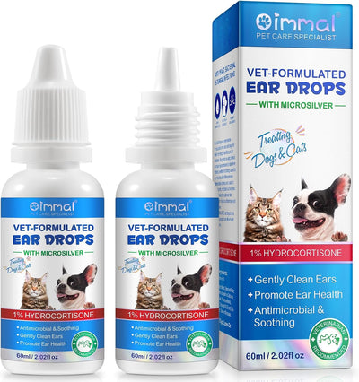 Dog Ear Infection Treatment 60ml | 2-Pack Cat & Dog Ear Cleaning Drops with 1% Hydrocortisone | Pack of 2