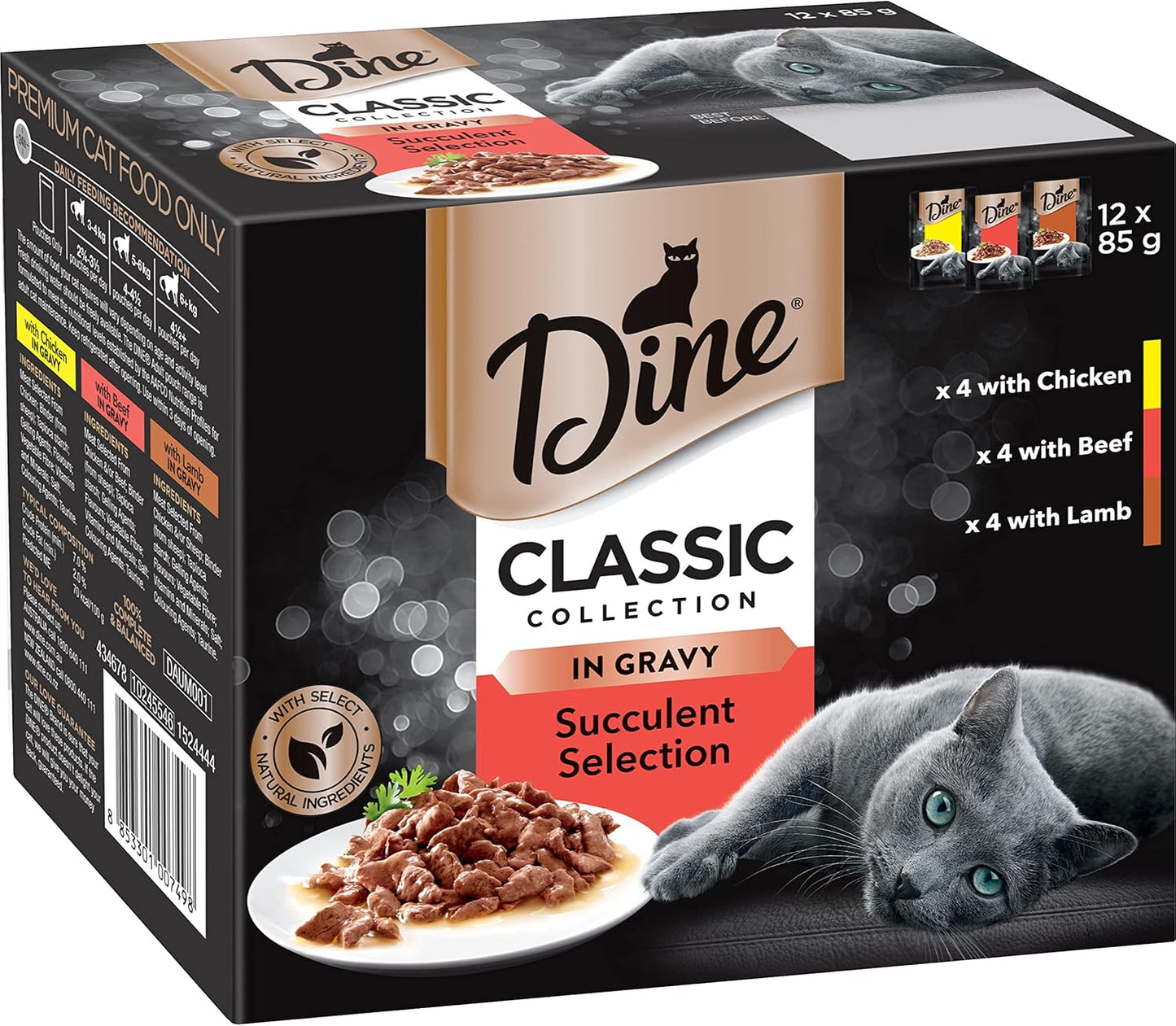 DINE Classic Collection Adult Wet Cat Food Succulent Selection in Gravy 12 x 85g, 5 Pack (60 Pouches)