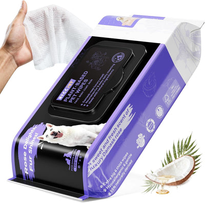 HICC PET Cleaning Deodorizing Wipes for Dogs & Cats, Vet Recommended Nourishes Smoothes Fur Pet Grooming Wipes with Fermented Coconut Oil (100 Counts (Thicken), Rose)