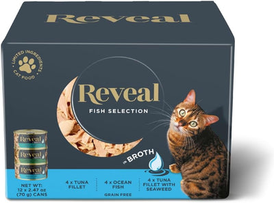 Reveal Natural Wet Cat Food, 12 Count, Grain Free, Limited Ingredient Canned Food for Cats, Fish Deluxe Selection in Broth, 70g Tins