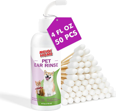 MEIQIHOME Ear Cleaner for Dogs and Cats Soothes. Includes 50 Cotton Swabs, 4 Fl oz
