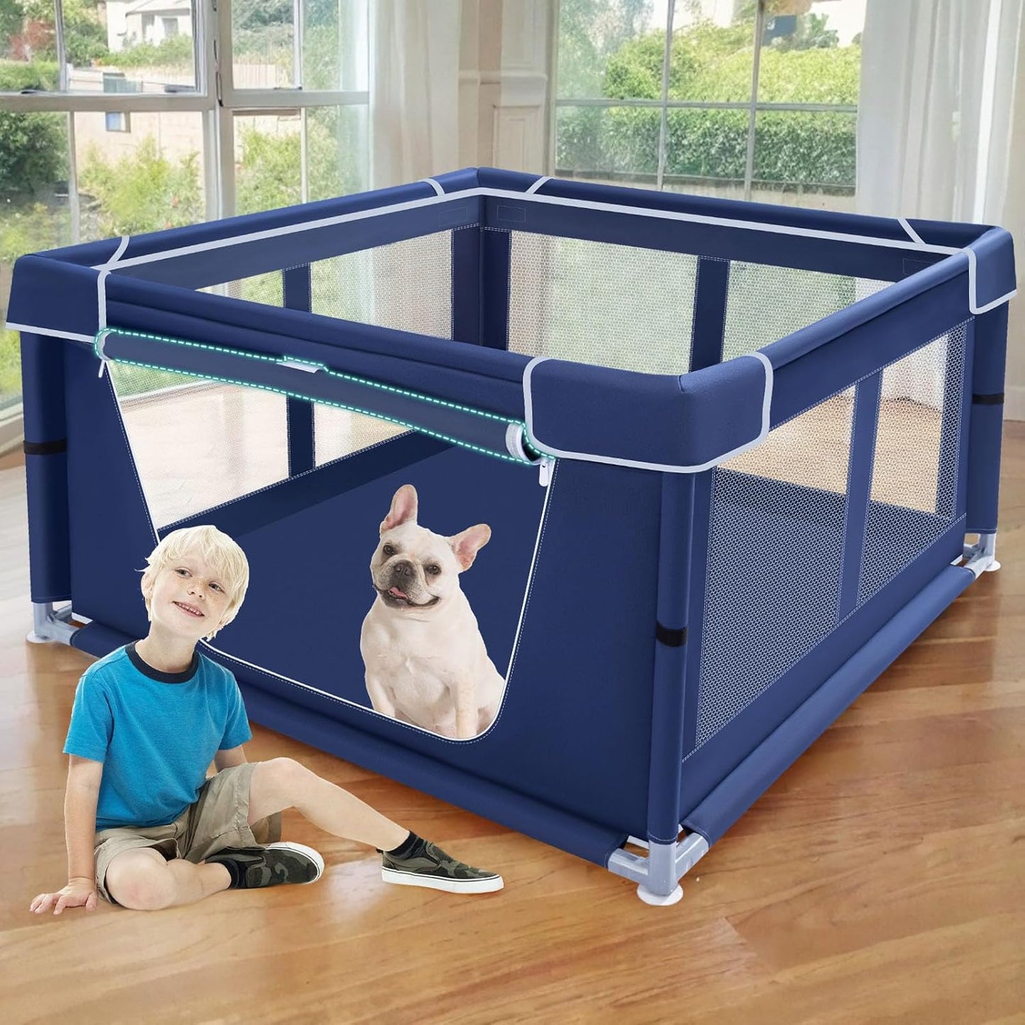 XVISHX 42x42x25.6 Inches Puppy Playpen with Gate, Dog Fence for Indoor & Outdoor, Blue