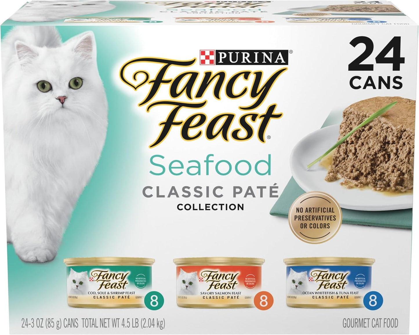 Purina Fancy Feast Grain Free Pate Wet Cat Food Variety Pack, Seafood Classic Pate Collection - (24) 3 oz. Cans