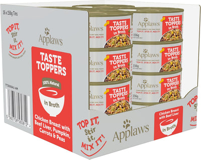 Applaws Taste Toppers 100% Natural Wet Dog Food Chicken Breast with Beef Liver & Vegetables in Broth Tin 156g (Pack of 16), Limited Ingredients Pet Food