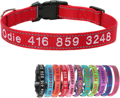 Yonsbox Red Reflective Custom Personalised Dog Collar Embroidered with Name Phone Number M-L