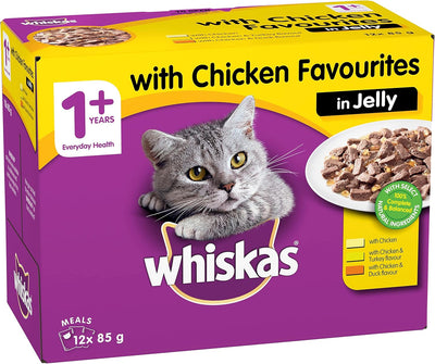 WHISKAS 1+ Years Wet Cat Food with Chicken Favourites in Jelly 12 x 85g, 5 Pack (60 Pouches)