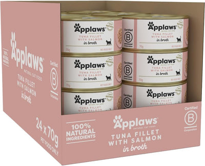 Applaws 100% Natural Wet Cat Food Tin Tuna Fillet with Salmon in Broth Tin 70g (Pack of 24)