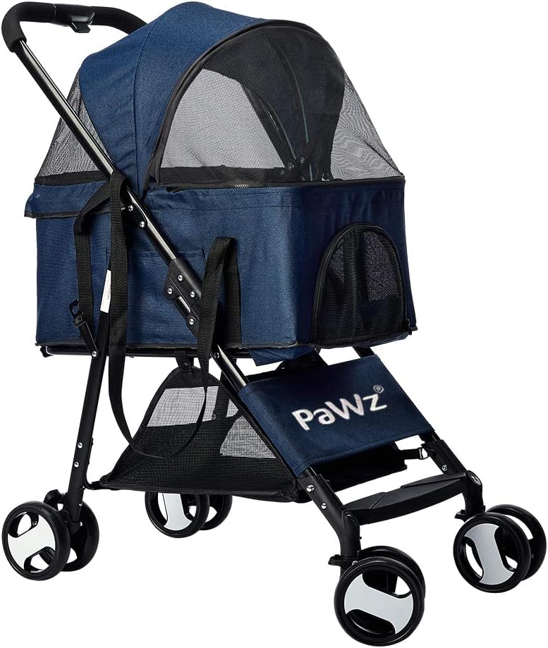 PaWz Large Pet Stroller - Dog Cat Carrier Pushchair, Foldable Pram 4 Wheels Blue