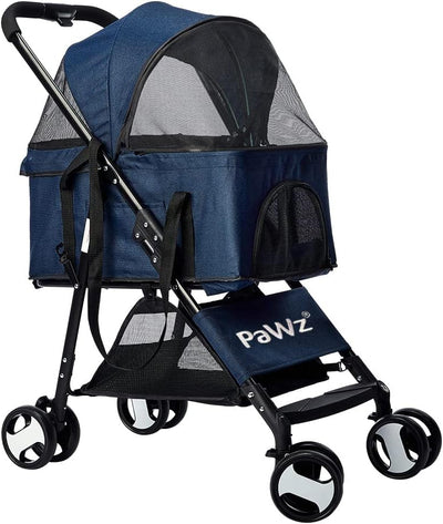 PaWz Large Pet Stroller - Dog Cat Carrier Pushchair, Foldable Pram 4 Wheels Blue