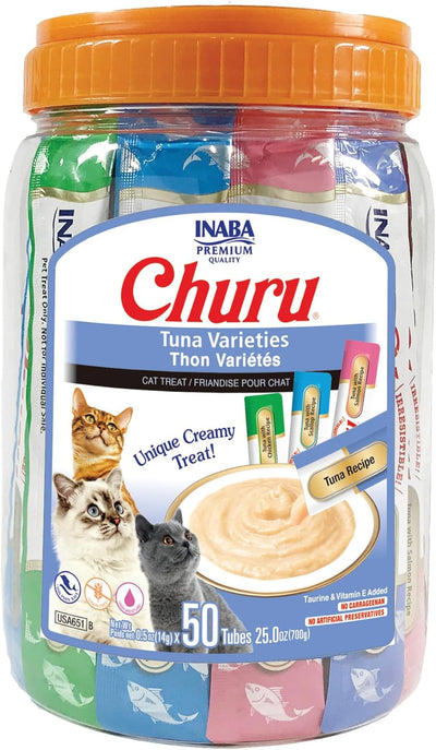 INABA Churu Cat Treats, Tuna Variety Treats for Cat, Topper with Vitamin E & Taurine, Grain-Free, Lickable, Squeezable Creamy Cat Treat, 50Tubes, 700 Grams