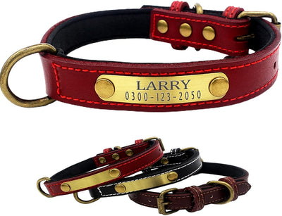Yonsbox Personalized Leather Dog Collar with Soft Padded Name Plate Engraved Custom Adjustable Heavy Duty Small Medium Large Dogs