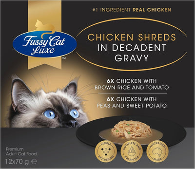 Fussy Cat Luxe Wet Cat Food, Chicken Shreds in Decadent Gravy 12x70g