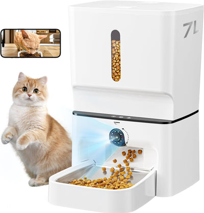 Automatic Cat Feeder with Camera, 7L Timed Dog Feeders, Adjustable Camera, 1080P HD Night Vision, Automatic Dog Feeder, 5G WiFi Cat Food Dispenser with 2-Way Audio, Low Food & Motion Alerts