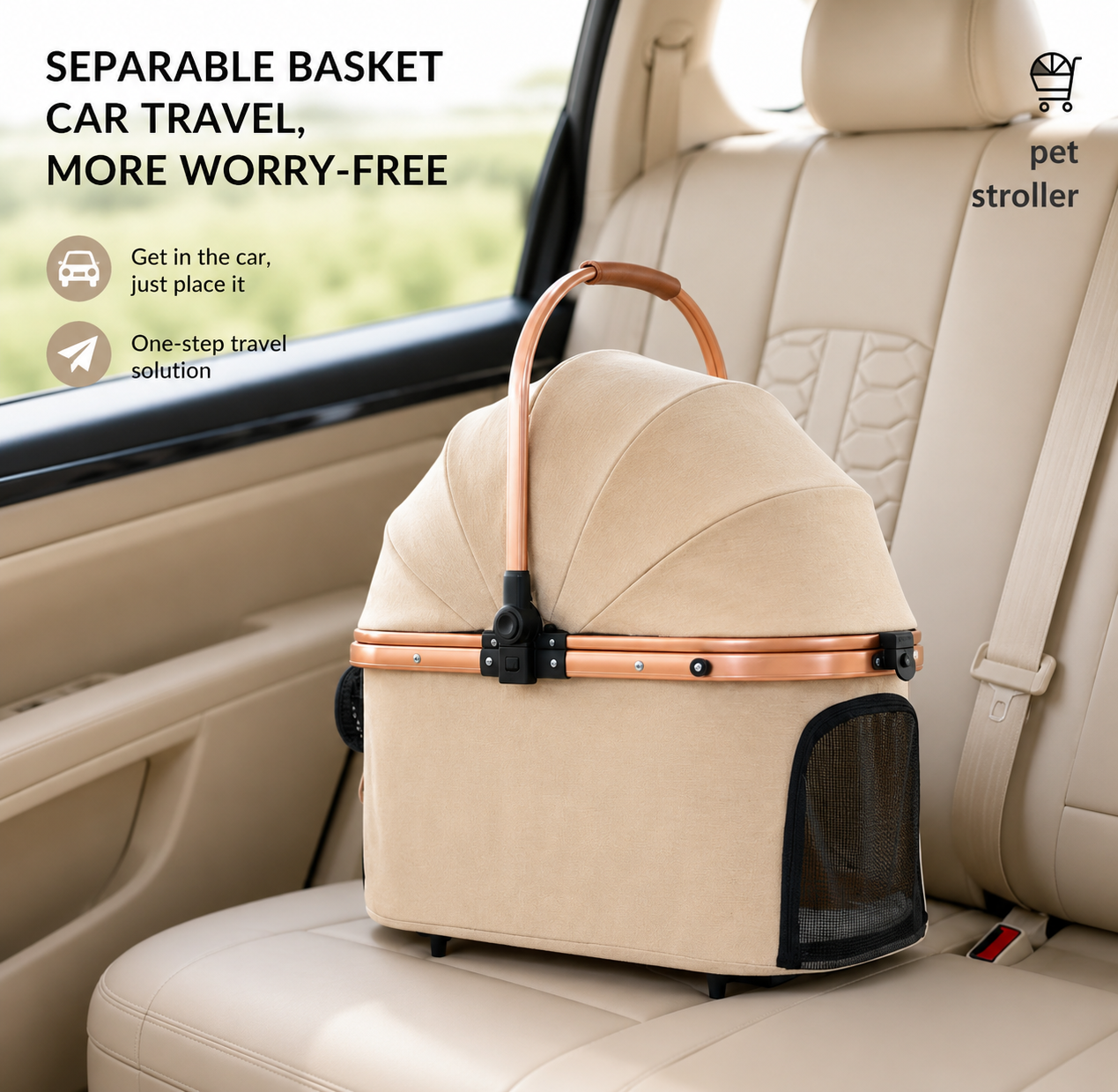 Luxury Pet Stroller with Spacious Comfort, Built- In Cooling Fan & Detachable Travel Basket for Smooth All-Season Adventures,Beige Colour