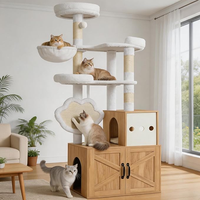 Heybly Cat Tree with Litter Box Enclosure, Modern 162cm Hidden Cat Tower for Indoor Cats,White Oak