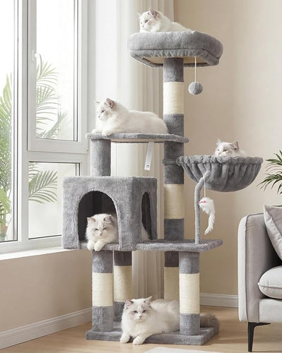 Heybly 110cm Cat Tree with Toy, Cat Tower for Indoor Cats, Cat Play Tower with Padded Plush Perch, Grey