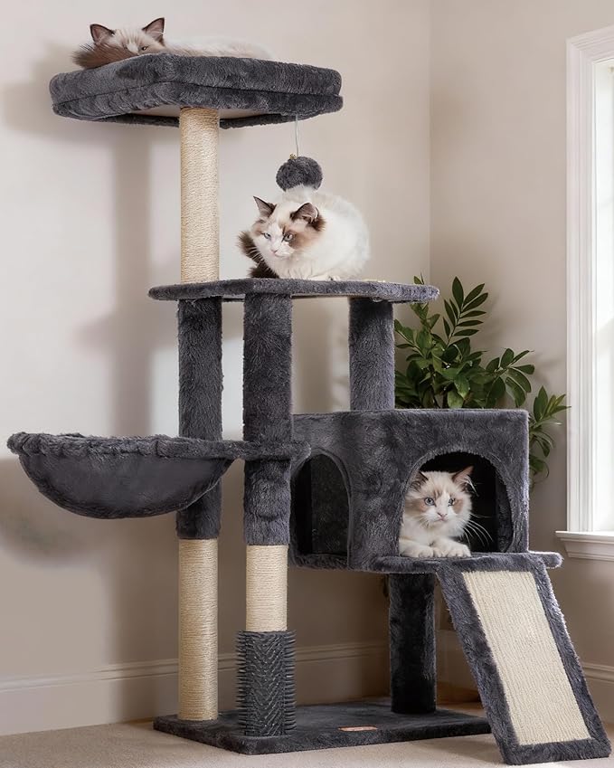 Heybly Cat Tree with Cat Self Groomer Brush, Cat Tower Condo for Indoor Cats with Padded Plush Perch,Grey