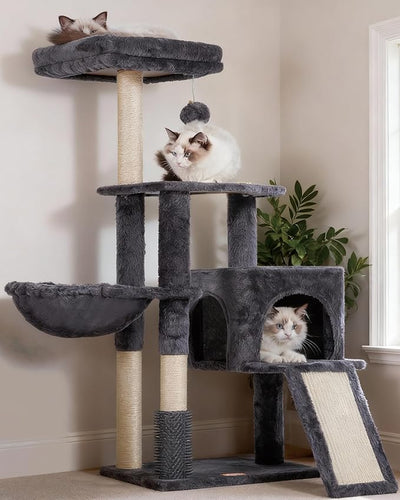 Heybly Cat Tree with Cat Self Groomer Brush, Cat Tower Condo for Indoor Cats with Padded Plush Perch,Grey