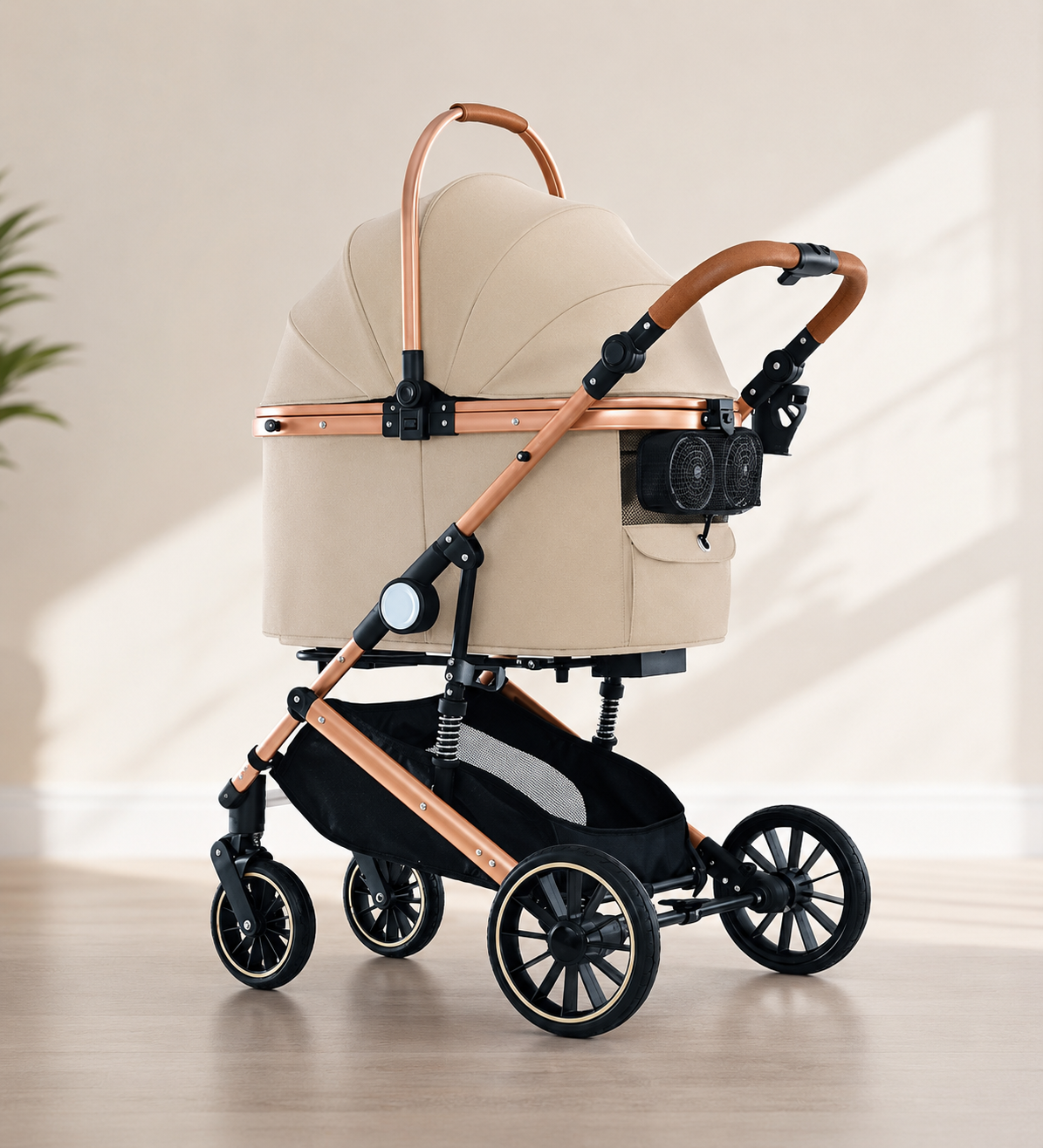 Luxury Pet Stroller with Spacious Comfort, Built- In Cooling Fan & Detachable Travel Basket for Smooth All-Season Adventures,Beige Colour