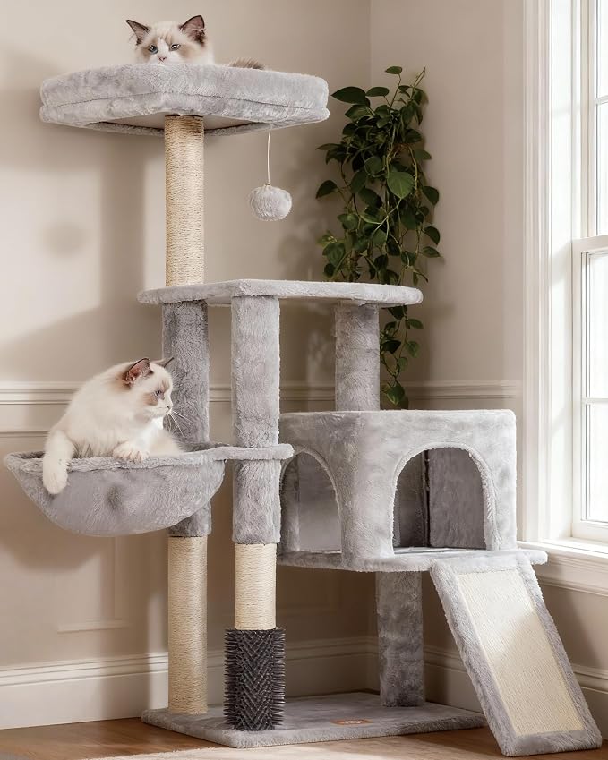Heybly Cat Tree with Cat Self Groomer Brush, Cat Tower Condo for Indoor Cats ,Light Grey