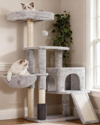 Heybly Cat Tree with Cat Self Groomer Brush, Cat Tower Condo for Indoor Cats ,Light Grey