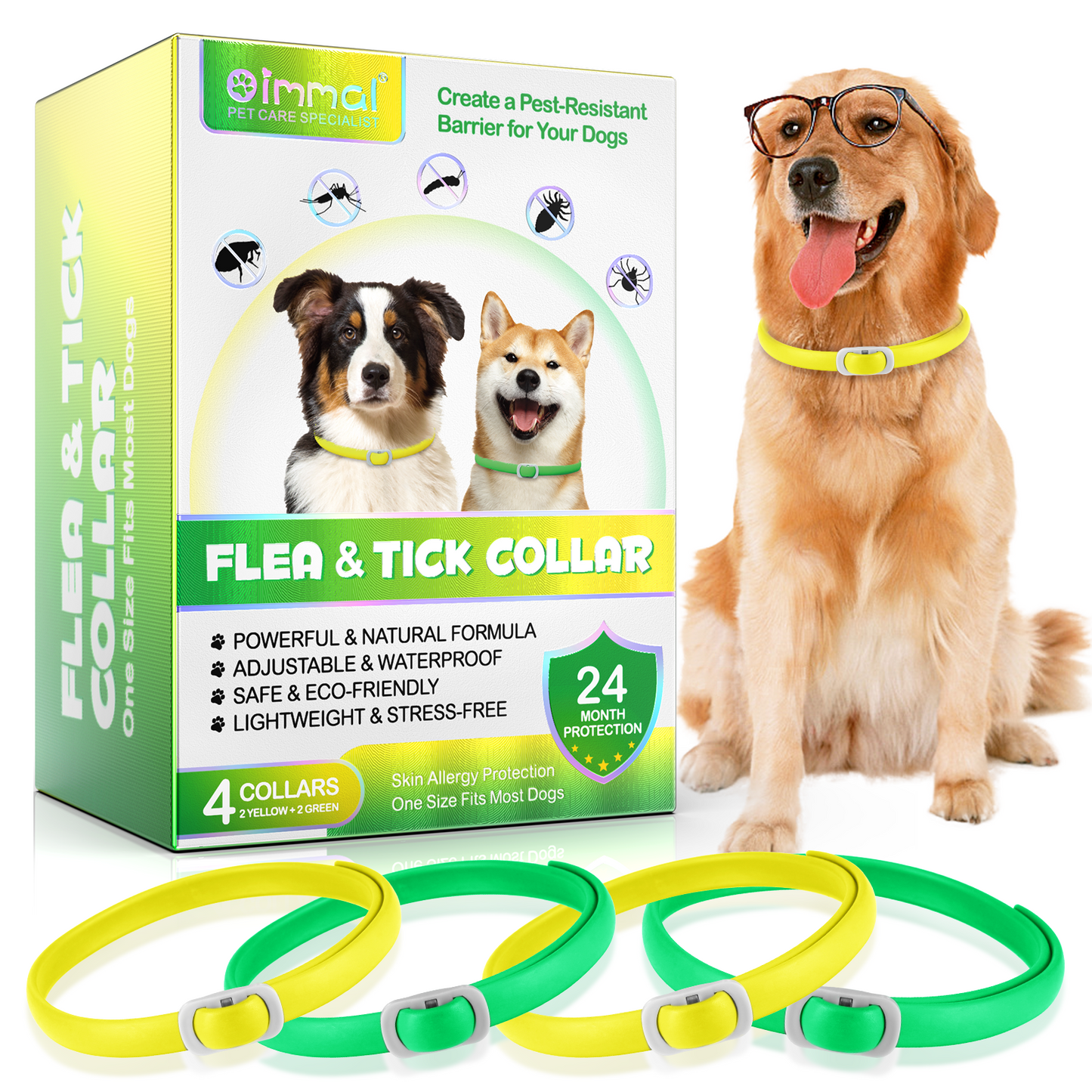Dog Flea & Tick Collar 4 Pack – Natural Flea and Tick Prevention Collar, Waterproof, Adjustable, Long-Lasting Protection for Small, Medium & Large Dogs | 24 Months Total Protection