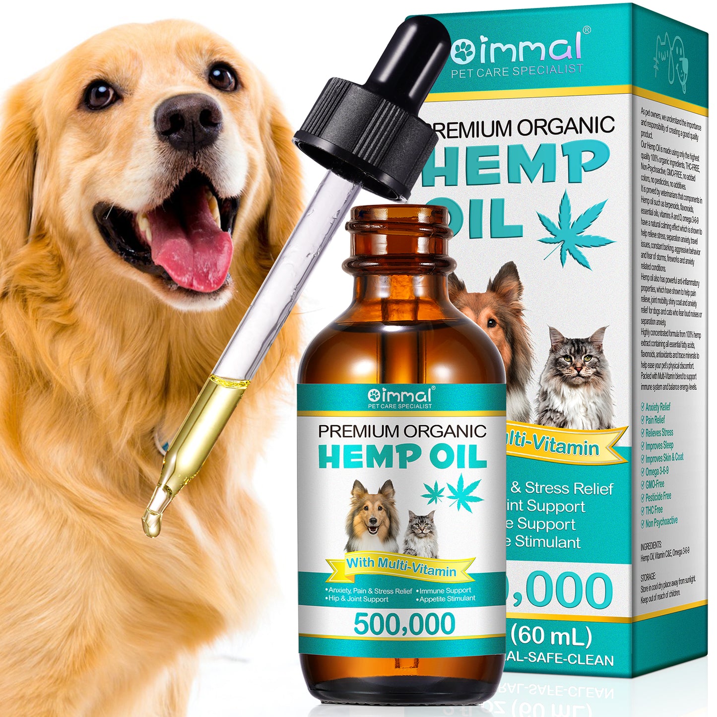 Oimmal Premium Organic Hemp Oil for Dogs & Cats – Natural Anxiety, Pain & Joint Relief with Multivitamins (2 fl oz / 60 mL)