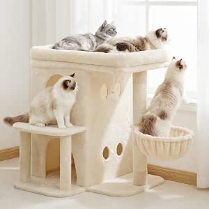 Heybly Cat Tree, 65cm Cat Tower with Spacious Top Perch for Large Cats,Beige