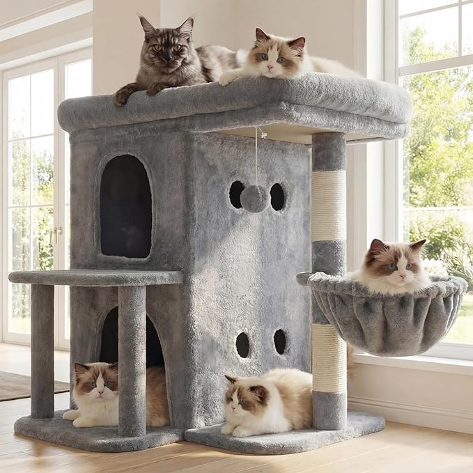 Heybly Cat Tree, 65cm Cat Tower with Spacious Top Perch for Large Cats,Light Grey
