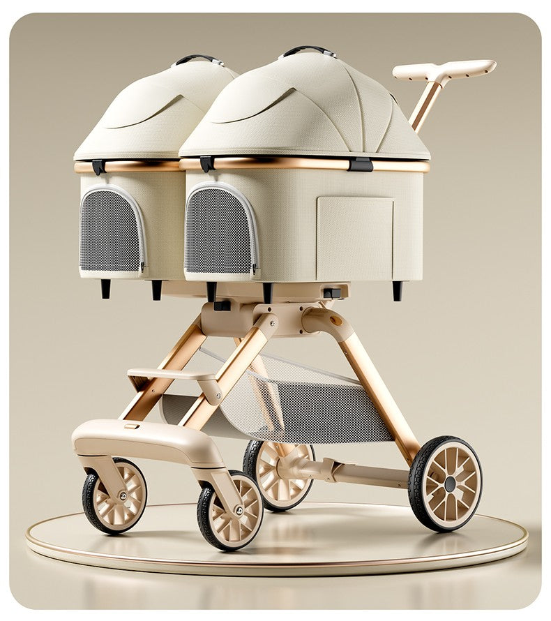 Twin Pet Stroller for 2 Cats & Dogs – Foldable  with Lightweight Aluminum Alloy Frame, Adjustable Design, Portable Pet Pushchair for Small Dogs & Cats,Khaki