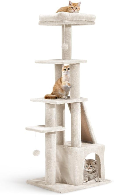 Petzly Cat Tree, 125cm Cat Tower for Large Cats Indoor, Multi-Level Cat Condo with Cat Ladder