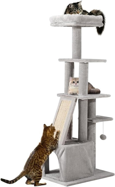 Petzly Cat Tower, 125cm Cat Tree for Indoor Large Cats, Multi-Level Condo with Ladder, Hideaways, Pompoms and Toy, Grey