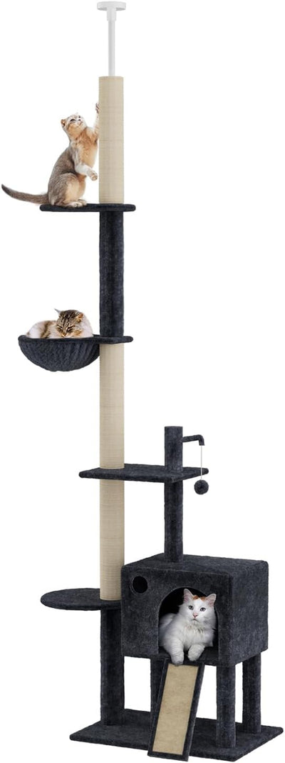 Pawz Large Cat Tree Tower Condo for Indoor Cats, Scratching Post, Soft Plush Multi-Level Climbing Tree, Activity Center, Cat Condo and Big Hammock, House, Dangling Ball, Adjustable Height 230CM-275CM