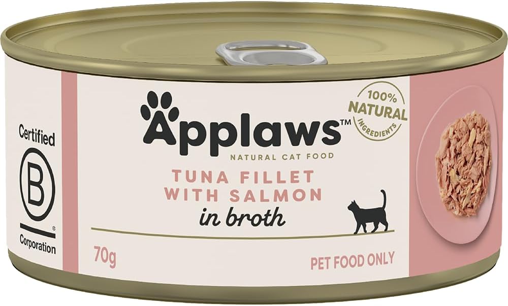 Applaws 100% Natural Wet Cat Food Tin Tuna Fillet with Salmon in Broth Tin 70g (Pack of 24)
