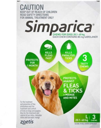 Simparica Fleas and Tick Chewable Tablets for Large 20.1-40 kg Dog, Green (Pack of 3)