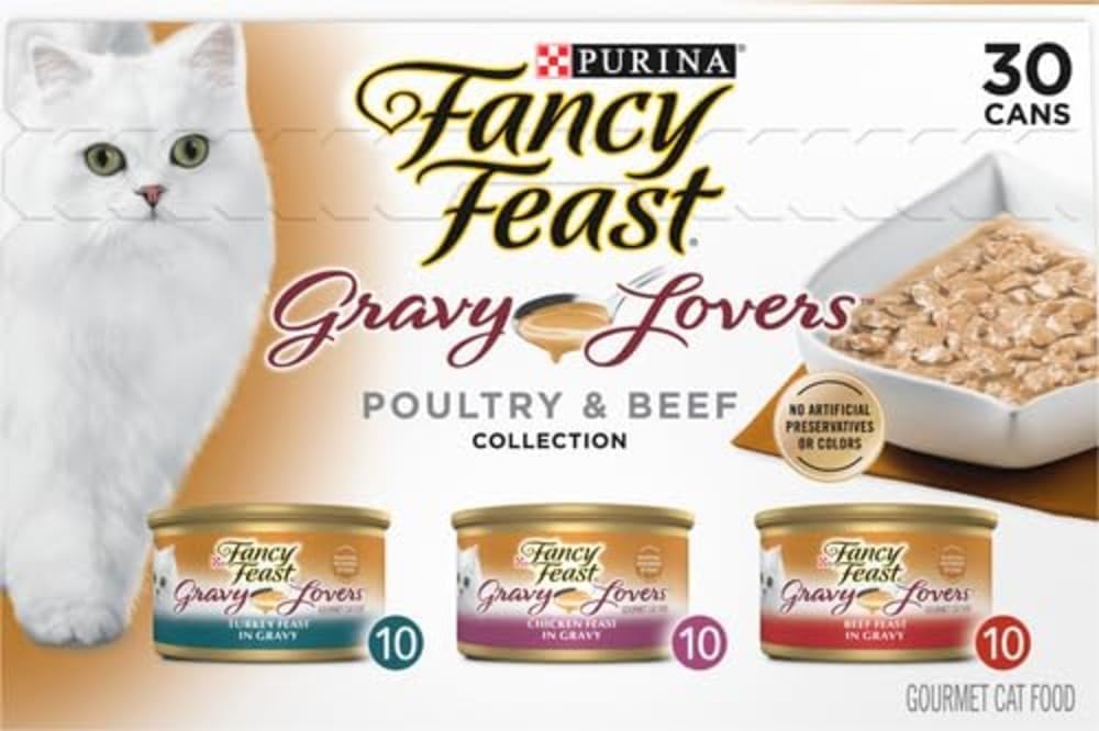 Fancy Feast Cat Food Adult Gravy Lovers Poultry & Beef Feast Variety, Wet Food - 30 Pack x 85g Can