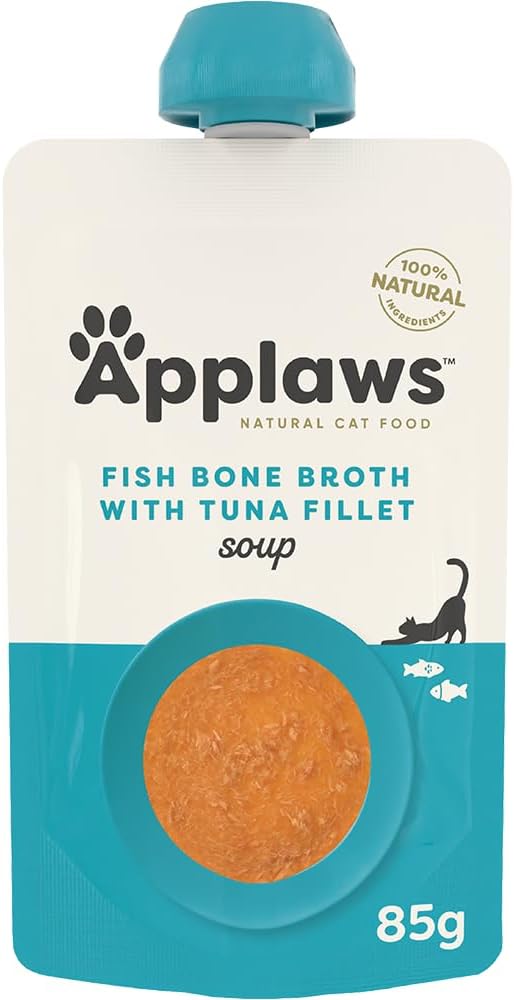 Applaws 100% Natural Wet Cat Treat Fish Bone Broth with Tuna Fillet Soup, Limited Ingredients Pet Food 80g (Pack of 6)