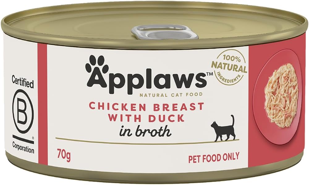 Applaws 100% Natural Wet Cat Food Chicken Breast with Duck in Broth Tin 70g (Pack of 24), Limited Ingredients Pet Food