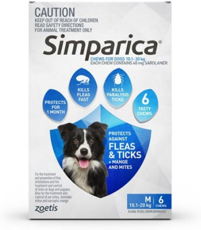 Simparica Flea and Tick Chewable Tablets for Dog Medium 10.1-20 kg, Blue (Pack of 6)