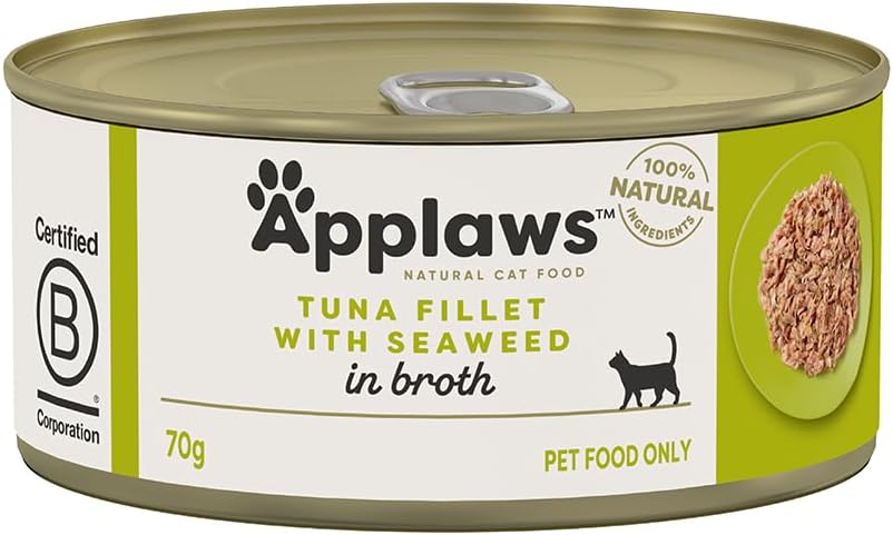 Applaws 100% Natural Wet Cat Food Tuna Fillet with Seaweed in Broth, Limited Ingredients Pet Food 70g Tin (Pack of 24)