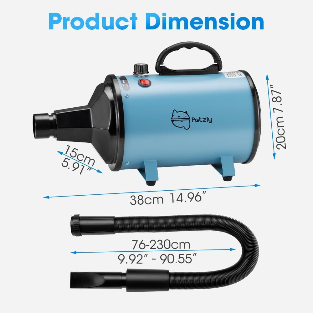 Petzly Dog Dryer for Pet Grooming, 3200W High Velocity Force Blow Pet Dryer, Adjustable Speed & Temperature Control Dog Blow Dryer, Quiet Dog Hair Dryer with 3 Nozzle