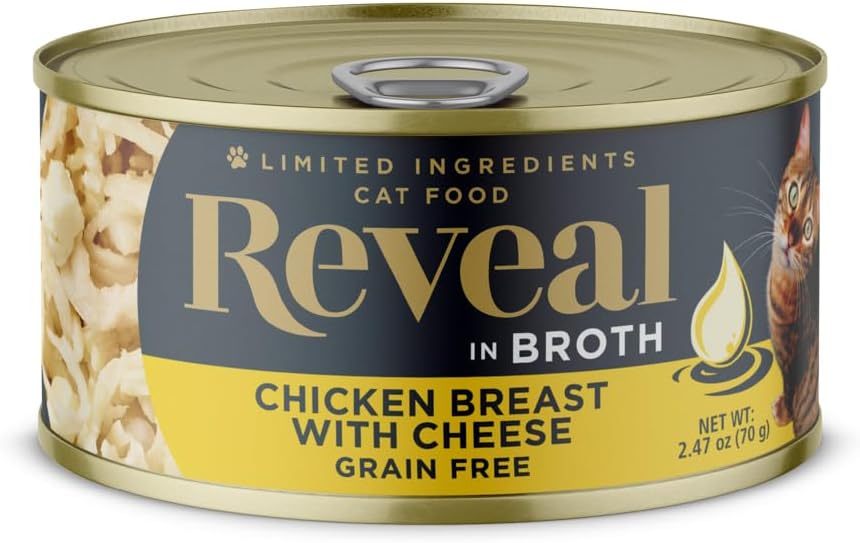 Reveal Natural Wet Cat Food, 24 Count, Grain Free, Limited Ingredient Canned Food for Cats, Chicken with Cheese in Broth, 70g Tins