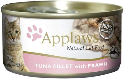 Applaws 100% Natural Wet Cat Food Tuna Fillet with Prawns in Broth, Limited Ingredients Pet Food 70g Tin (Pack of 24)