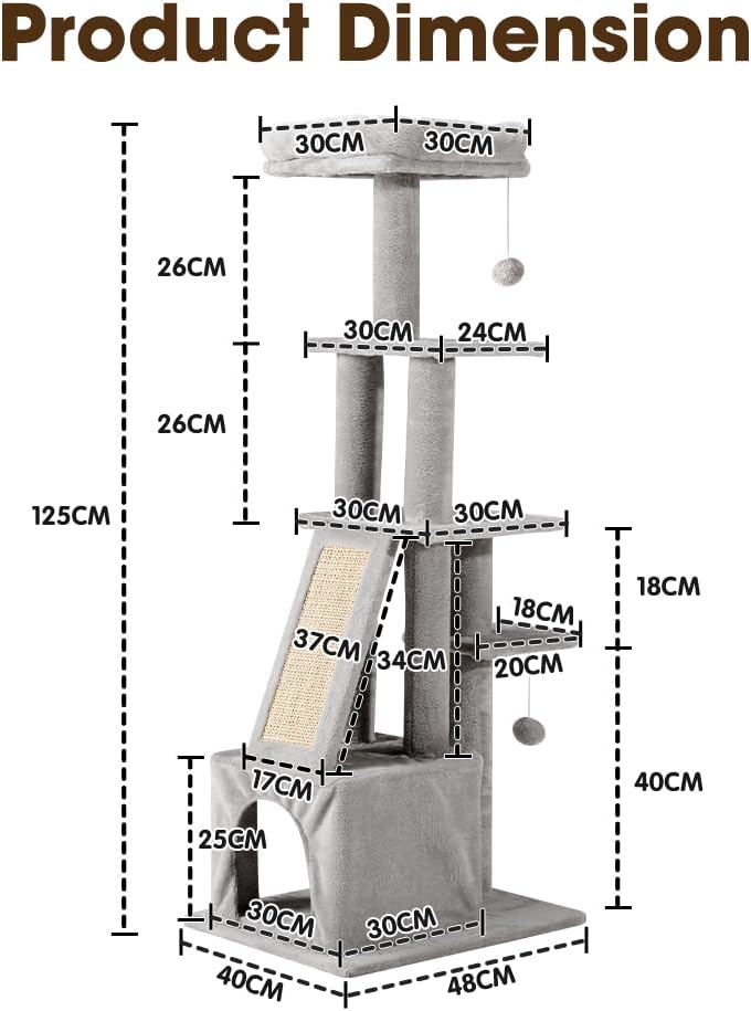 Petzly Cat Tower, 125cm Cat Tree for Indoor Large Cats, Multi-Level Condo with Ladder, Hideaways, Pompoms and Toy, Grey