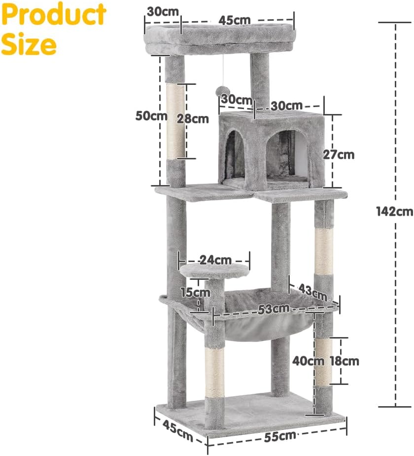 Petzly Cat Tree, 142CM Tall Cat Tree Tower for Large Big Cats, Light Gray