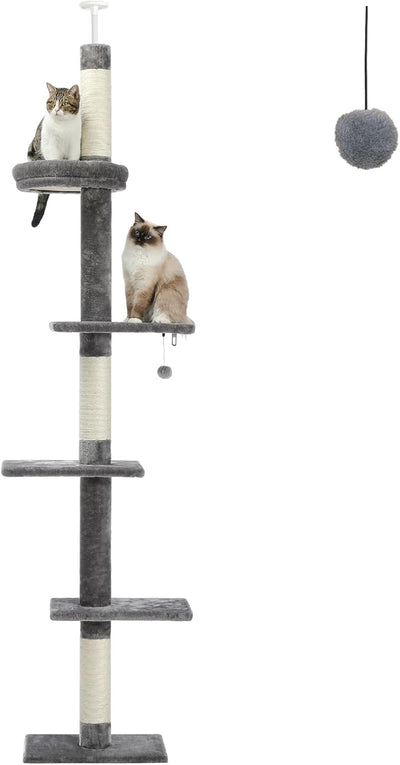 PAWZ Road Cat Tree 5-Tier Floor to Ceiling Cat Tower Height Adjustable 95-107 Inches, Tall Kitty Climbing Activity Center with Scratching Post, Cozy Bed, Dangling Ball for Indoor Cats Grey