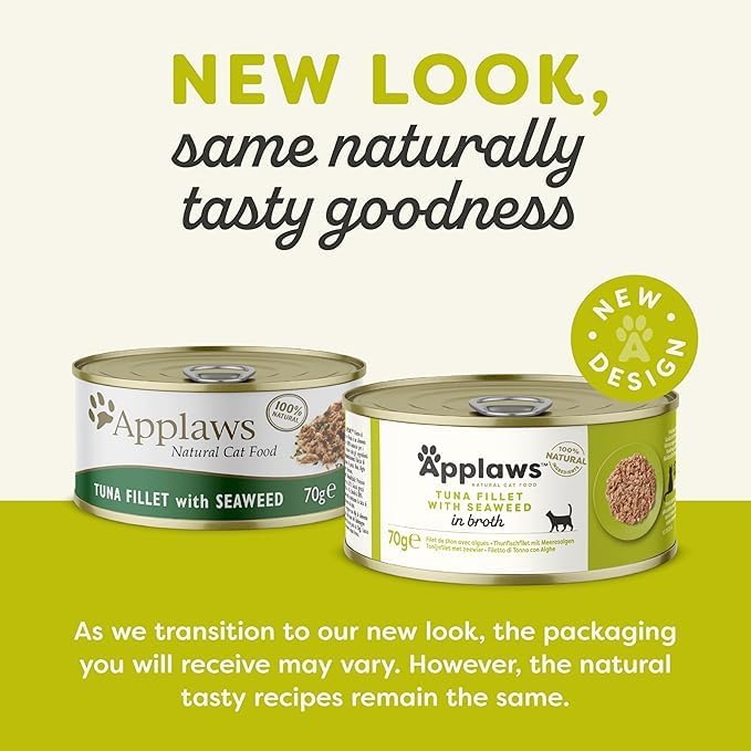 Applaws 100% Natural Wet Cat Food Tuna Fillet with Seaweed in Broth, Limited Ingredients Pet Food 70g Tin (Pack of 24)